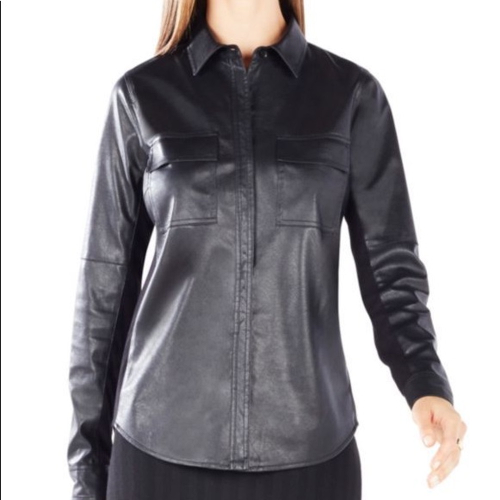 BCBG Faux Leather women black shirt with long sleeves